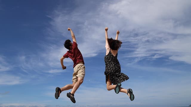 jump, sky, man, nature, clouds, height, girl, woman, happiness, joy, happy, blue sky