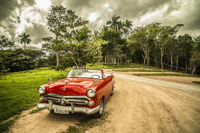 oldtimer, car, old car, convertible, red car, shiny car, retro, classic, nature, vintage, vintage car, automotive, automobile, car wallpapers, parked car, forest, cuba