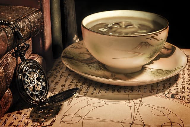 coffee, tea, cup, time, mug, teacup, coffee cup, watch, pocket watch, timepiece, drink, antique, old, vintage, tea cup, nostalgia, nostalgic