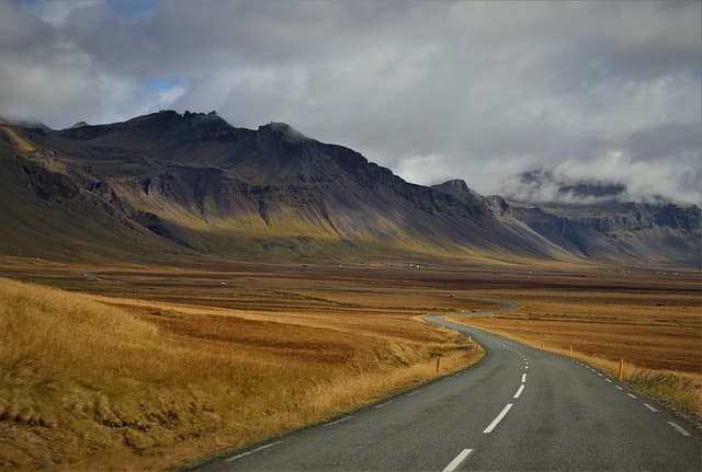 mountains, way, perspective, distant view, travel, scenery, cloudy, iceland, the language of the earth, asphalt, nature, brown travel