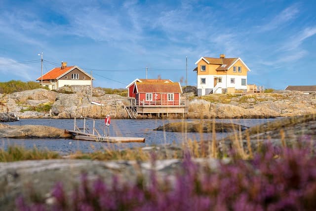coast, beach, house, beach house, holiday home, woodhouse, nature, sweden house, water, sea, lake, heaven, clouds, rock, stony, outlook, landscape
