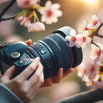 DALL·E 2024 04 18 10.53.02 Realistic image of a photographer using a macro lens to capture close up details of cherry blossoms. The scene shows the camera focused on the delicat