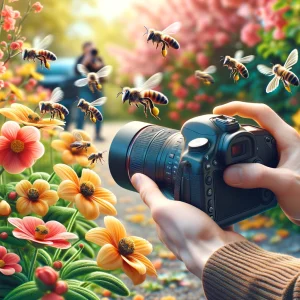 DALL·E 2024 04 18 10.53.17 Realistic image of a photographer capturing the movement of bees pollinating spring flowers using a high shutter speed. The scene includes vibrant sp