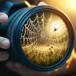 DALL·E 2024 04 18 13.55.44 Realistic image of a photographer using a macro lens to capture a close up of a dew covered spider web. The scene shows the intricate details of the w