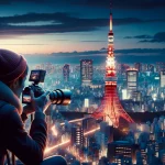 DALL·E 2024 04 18 14.06.05 Realistic image of a photographer capturing the stunning view of Tokyo Tower at night. The scene shows the iconic red and white tower illuminated wit