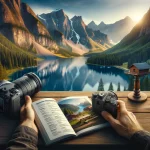 DALL·E 2024 04 18 14.16.48 Realistic image of a landscape photographer consulting a guidebook next to a camera set on a tripod overlooking a scenic lake surrounded by mountains