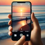 DALL·E 2024 04 18 14.27.36 Realistic image of a person using a smartphone to capture a sunset at the beach. The smartphone screen is visible showing the composition of the shot