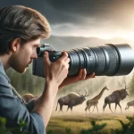 DALL·E 2024 04 18 14.36.53 Realistic image of a photographer testing a new high performance telephoto lens in a wildlife setting. The scene shows the photographer focused on cap