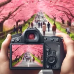 DALL·E 2024 04 18 15.32.00 Realistic image of a photographer documenting the vibrant cherry blossom scene at Kawazu known for its early blooms. The camera captures a path lined