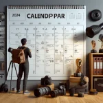DALL·E 2024 04 18 15.56.01 Realistic image of a photographer examining a large calendar on the wall marked with dates and details of various photography contests in 2024. The s